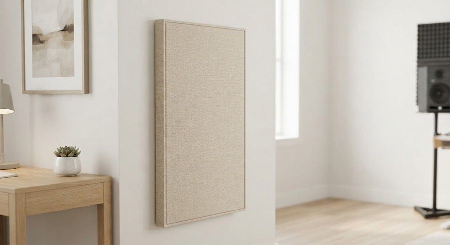 Panel acústico delgado en tela beige para montaje en pared.