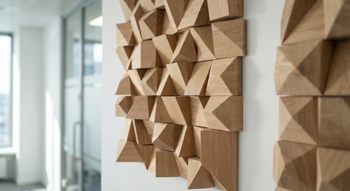 Difusores acústicos geométricos de madera en muro de auditorio.